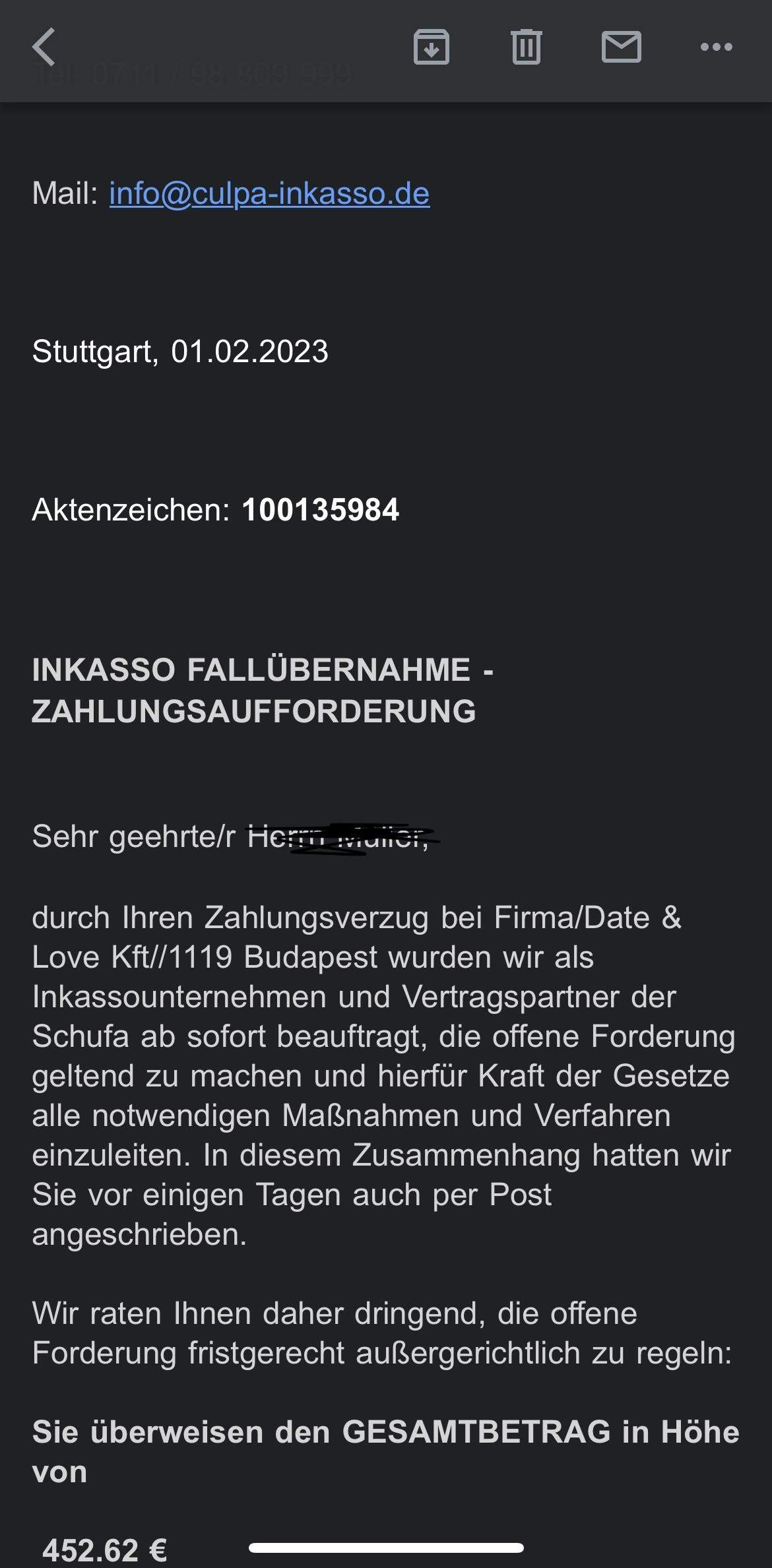 Culpa Inkasso schreibt mir per EMail? (Spam, Aufforderung)