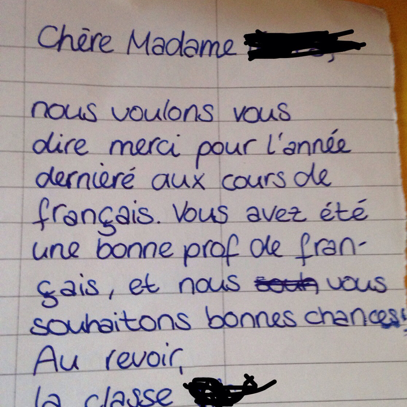 Dankesbrief an Französischlehrerin (französisch)