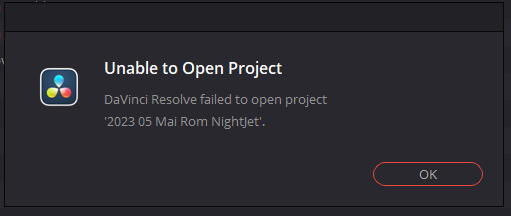 Davinci Resolve "unable to open project" wie fixen?