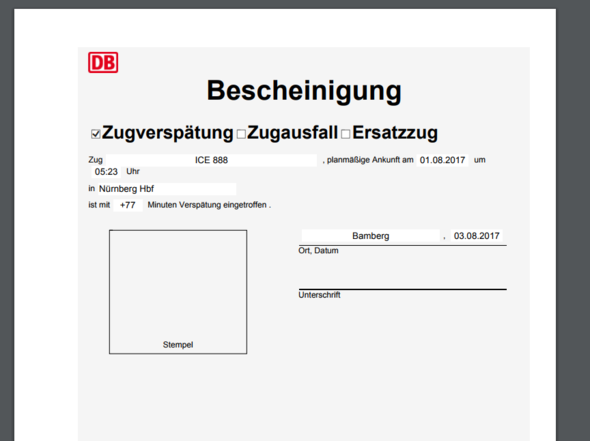DB Verspätung bescheinigung so gültig? (Reise, Zug, Deutsche Bahn)