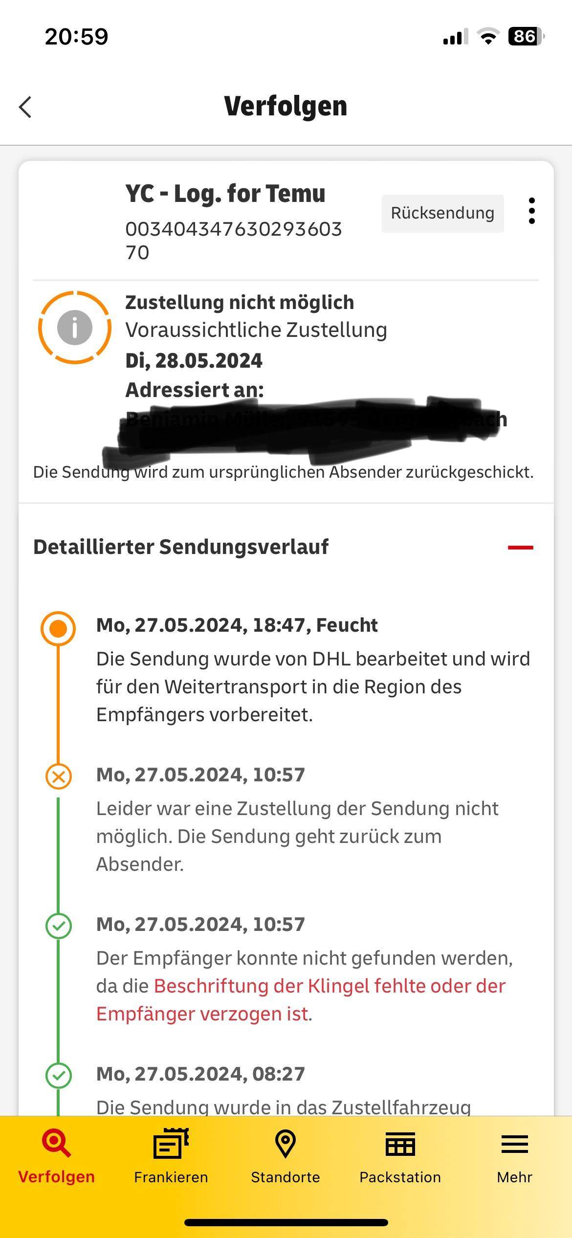 DHL Konnte nicht zugestellt werden? (Versand, Paket, Zustellung)