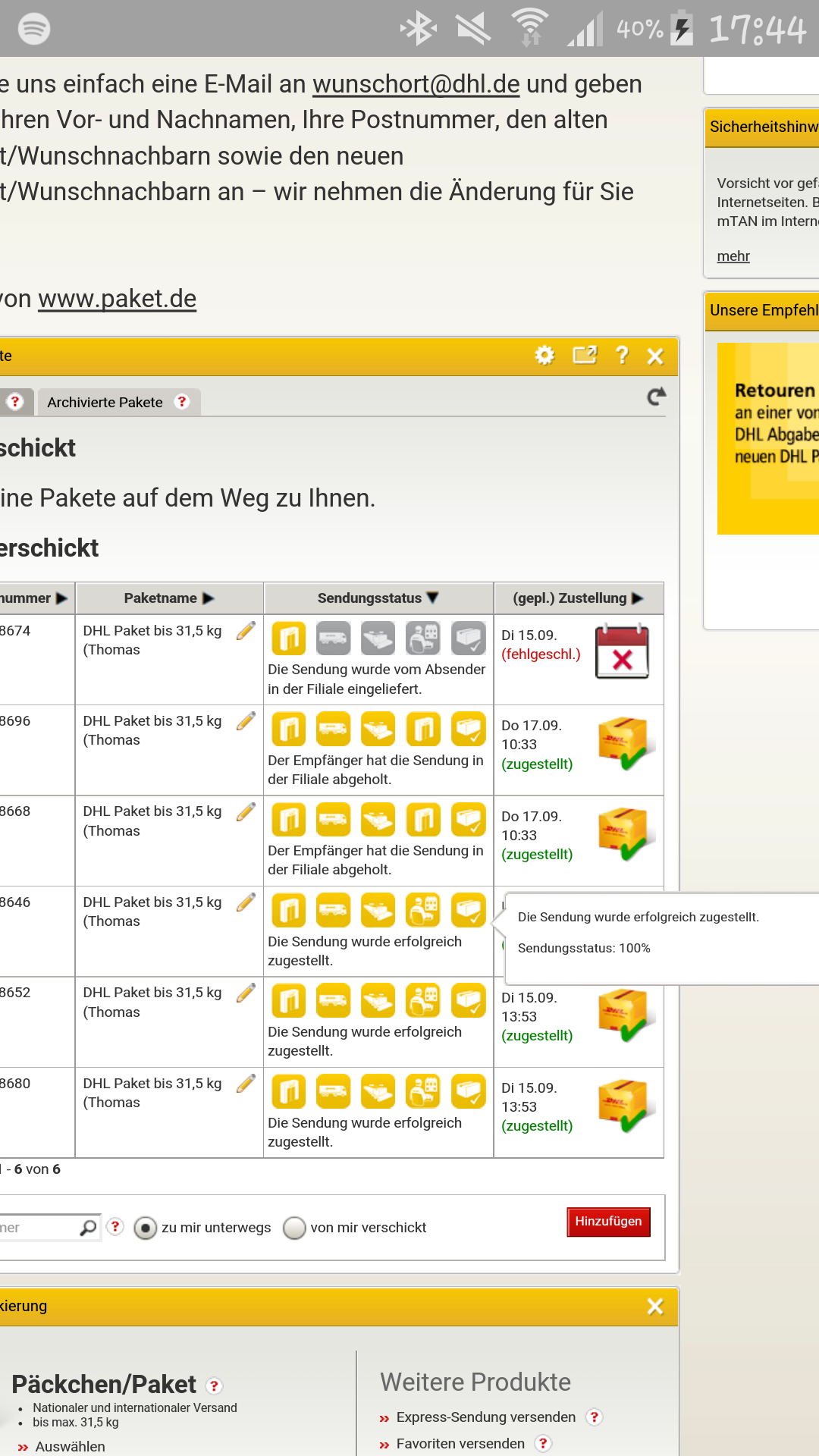 Dhl Lieferung Seit en Nicht Bewegt Paket