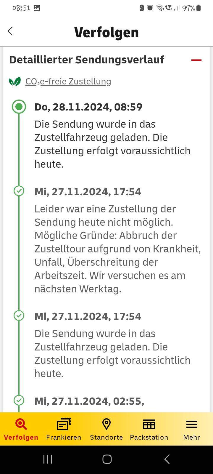 Eingeliefert Und Befindet Sich In Der Zustellung DHL Paketstatus befindet sich seit gestern Morgen in Zustellung