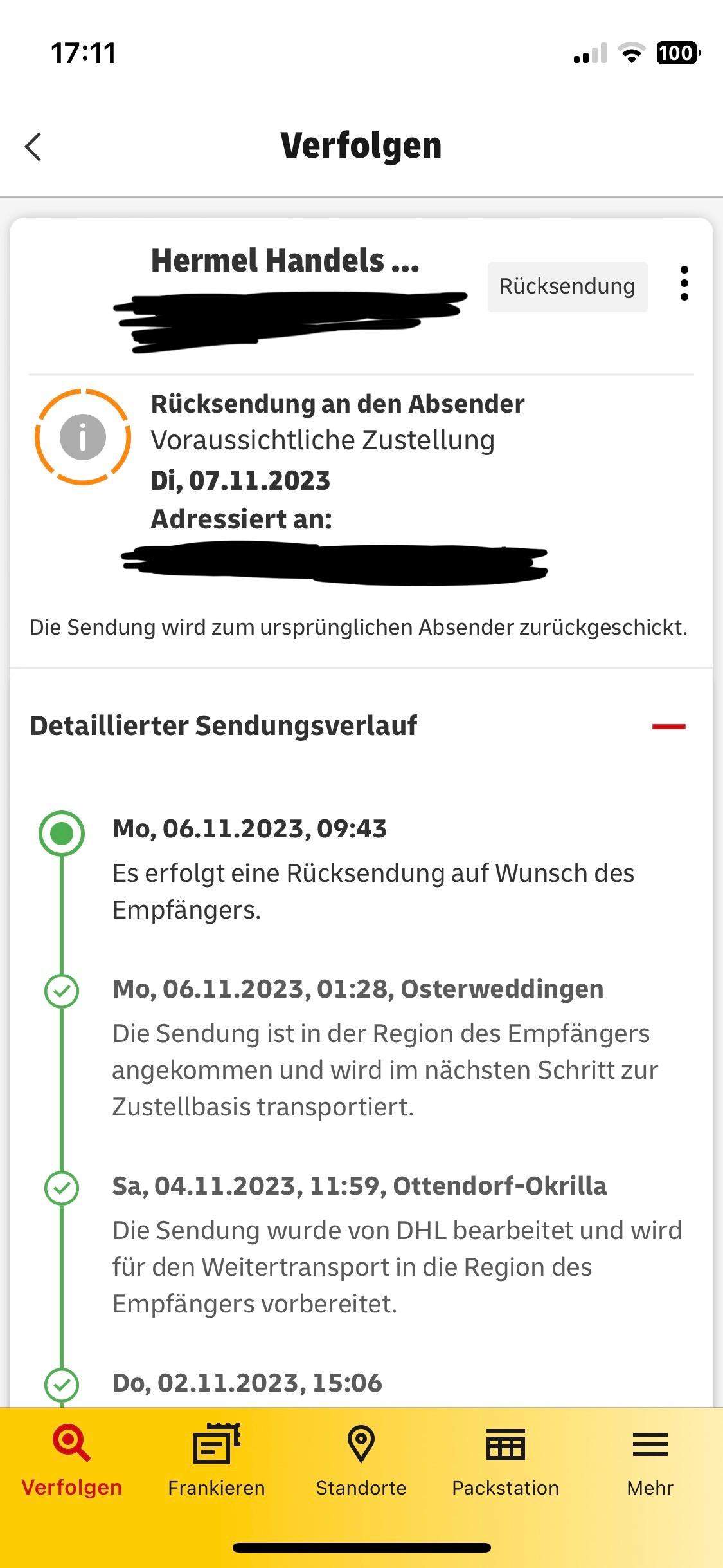 DHL Rücksendung an den Absender? (Post, Versand, Bestellung)