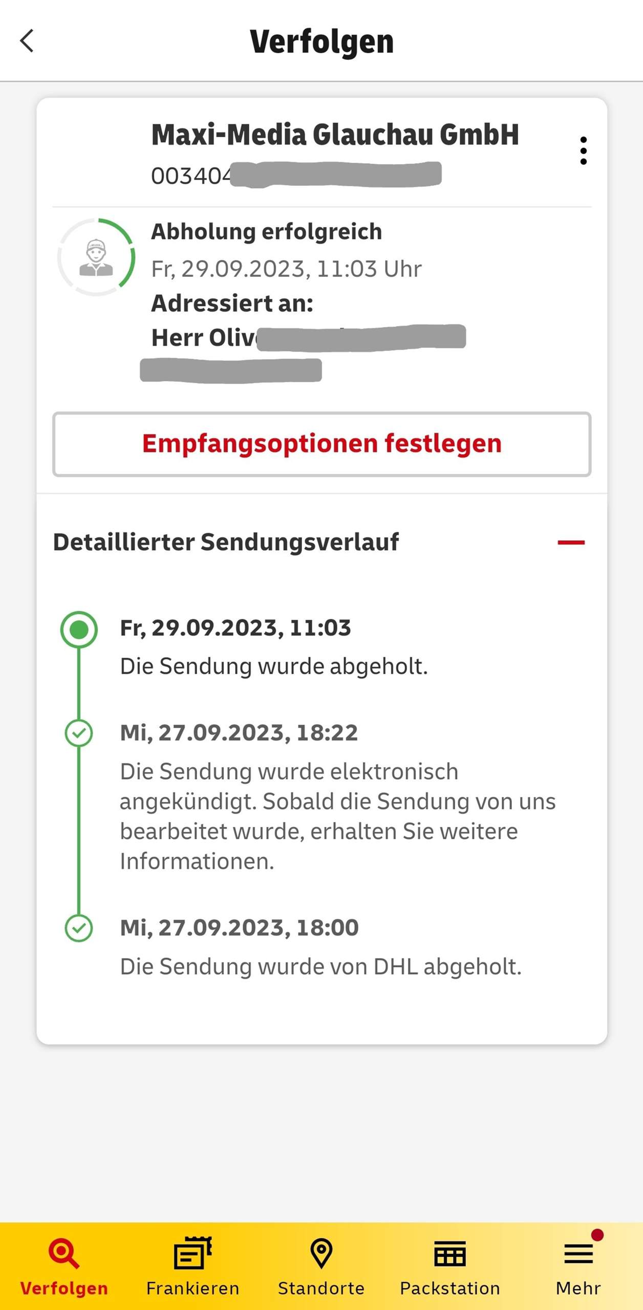 (DHL) Sendungsverfolgung ändert sich nicht (2mal, Erfolgreich Abgeholt