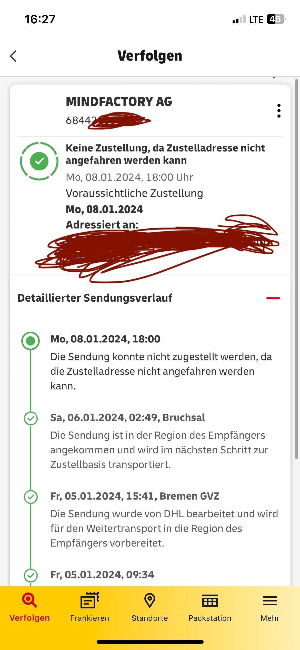 DHL.Die Sendung konnte nicht zugestellt werden, da die Zustelladresse nicht angefahren werden