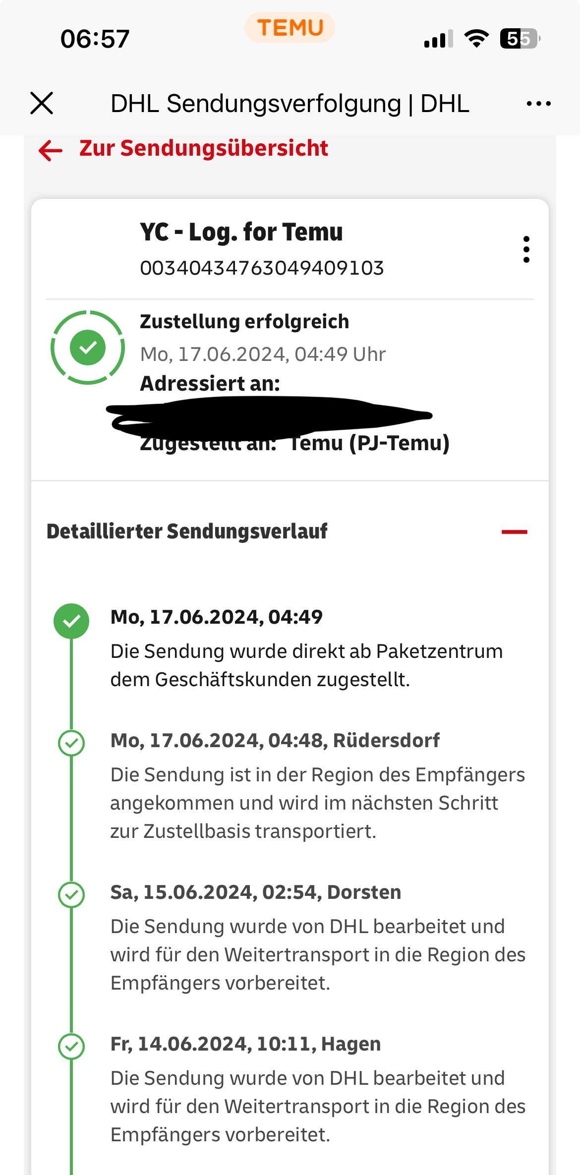 Die Sendung wurde direkt ab Paketzentrum dem Geschäftskunden zugestellt