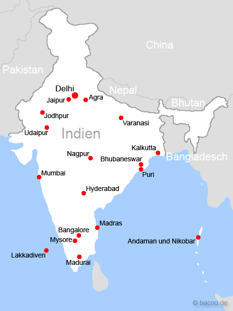 Die wichtigsten Städte der Karte Indiens? (Stadt, Karten, Indien)