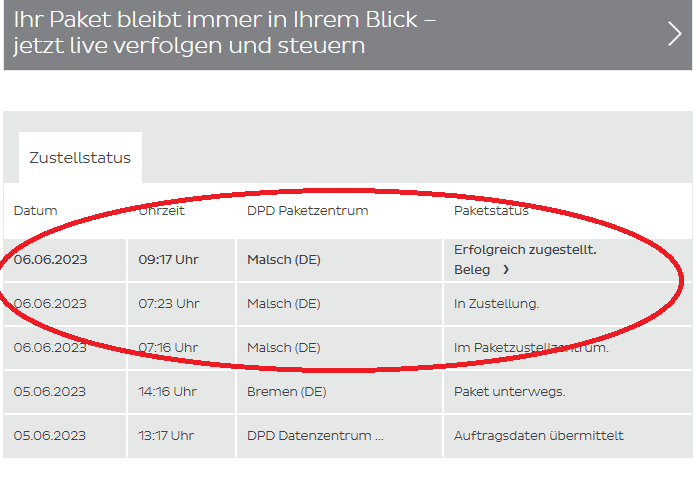 DPD Zustellstatus unverständlich, Paket wurde im Zustellzentrum