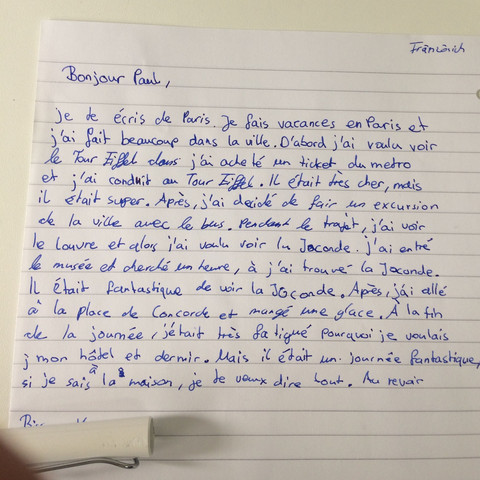 Hier ist mein Brief ich bitte dringend um Korrektur falls Fehler drin sind  - (Französisch, Brief, Fremdsprache)