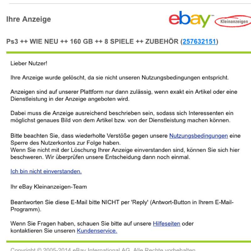 Ebay Kleinanzeigen meine Anzeige wurde gelöscht. Warum? (Spiele