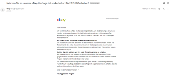 Ebay Nehmen Sie an unserer Ebay-Umfrage teil Spam Fake Email?