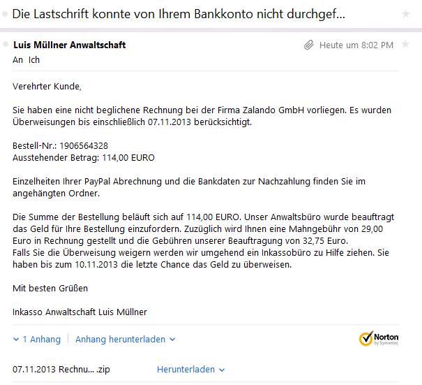 Eigenartige Mail von Zalando (E-Mail, Rechnung, Spam)