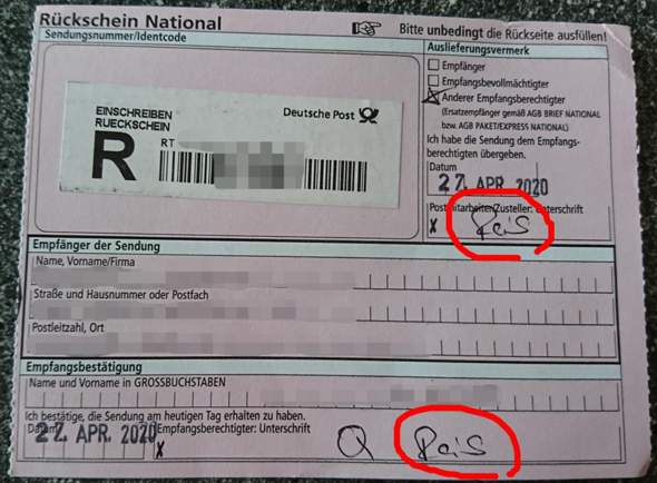 Einschreiben Rückschein, Zusteller ist selber der Empfänger? (Recht ...