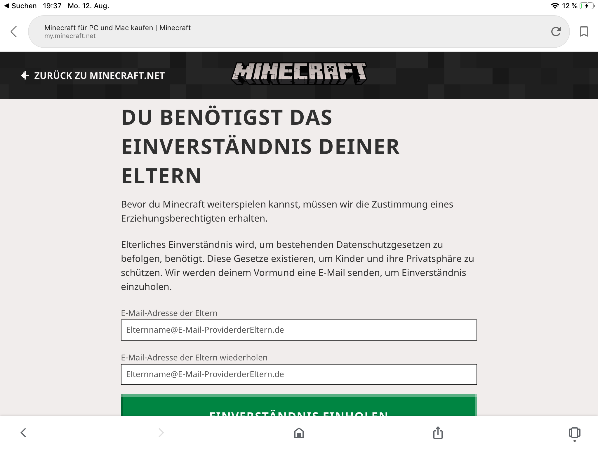 Email Bestatigung Der Eltern Minecraft Computer