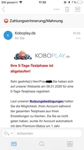 Email Mit Mahnung Von Koboplay Computer Geld E Mail