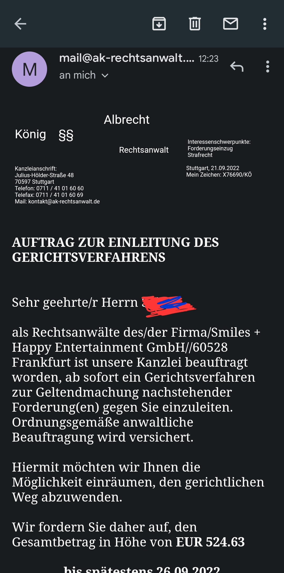 Email von Albrecht König 524€? (Abzocker, Keine Ahnung)