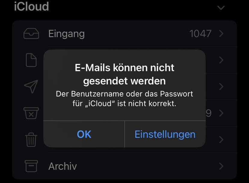 Emails können nicht gesendet werden, Benutzername oder Passsort für