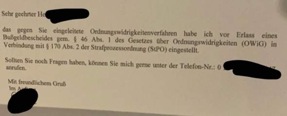 Einstellungsmitteilung Ordnungswidrigkeit Polizei Fuhrerschein Bussgeld