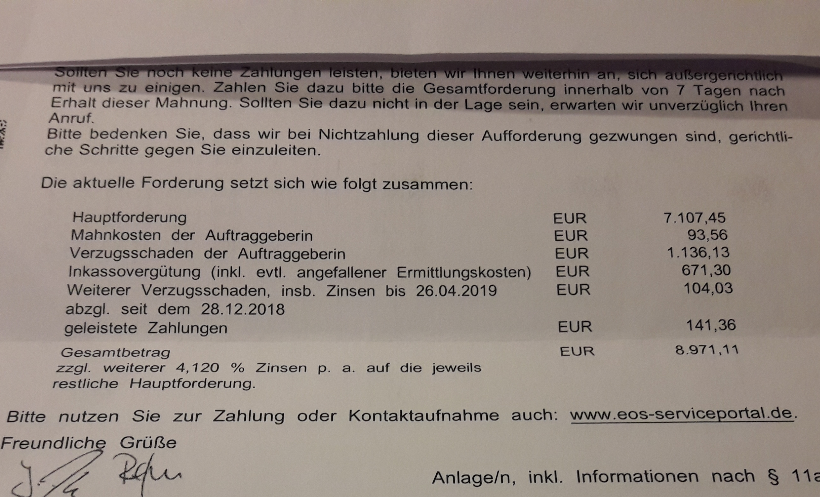 EOS Inkasso berechtigt Verzugsschaden? (Recht)