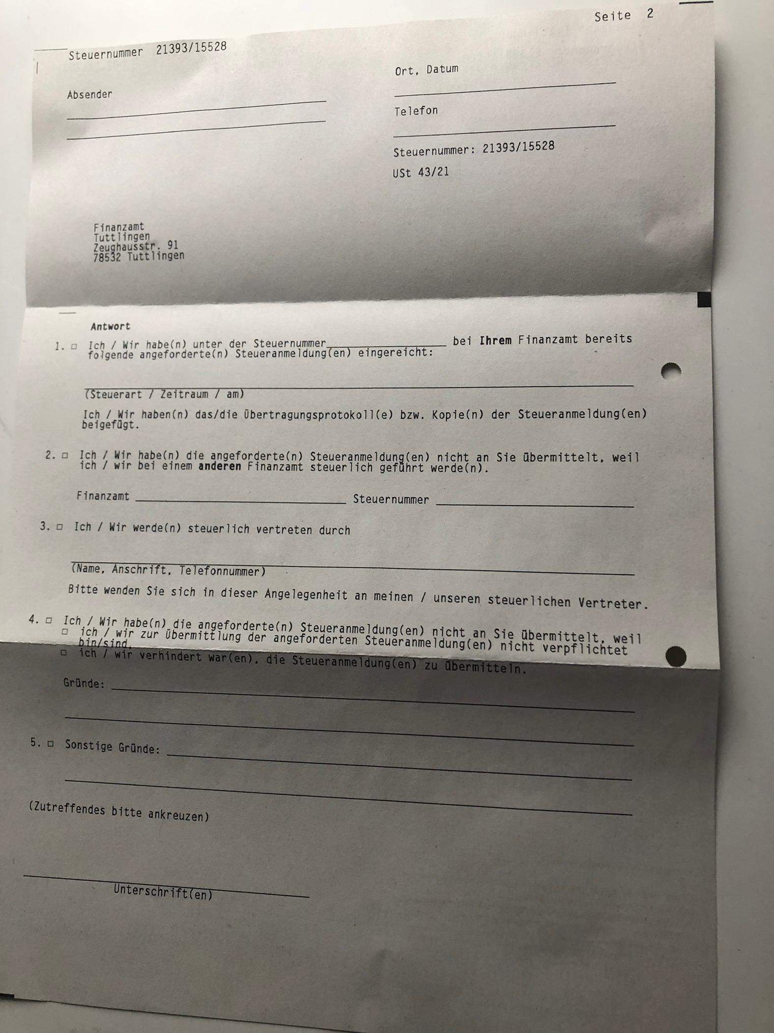 Erinnerung an die Übermittlung der Steueranmeldung? (Finanzen, Steuern