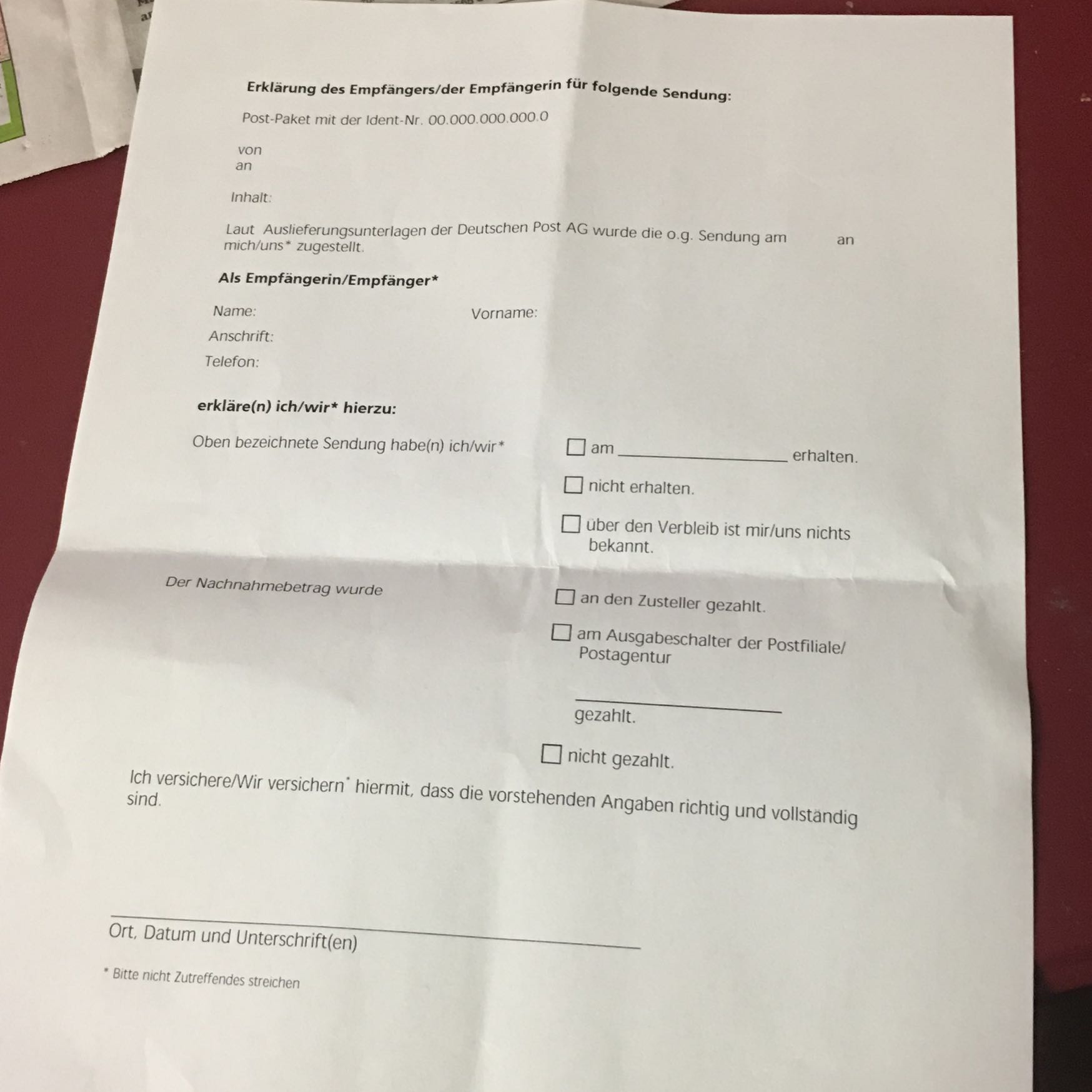 Erklärung des Empfängerin Formular ausfüllen? (Post, DHL, Online ...