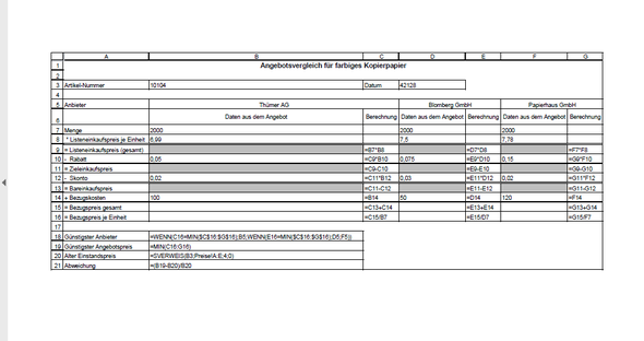 Angebotsvergleich Excel Beispiel