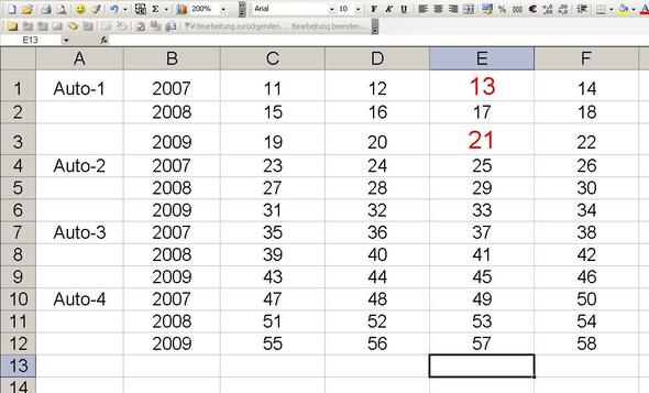 Registerblatt 1 mit Beispieldaten im Bereich A1 - F12 - (Excel, Daten, Matrix)