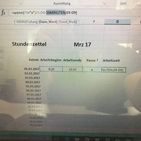 Excel Hilfe Stundenzettel Formel? (Zeiterfassung)