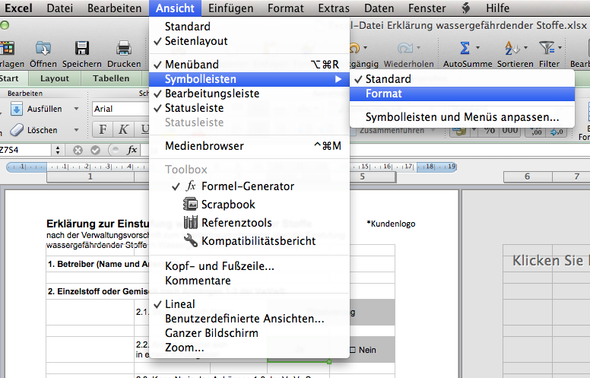 Ansicht --> Symbolleiste --> ... - (Computer, PC, Microsoft Excel)