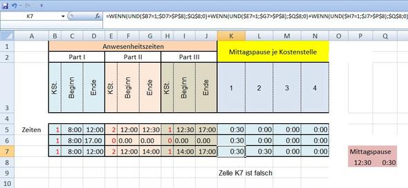 Excel: Mittagspause Kostenstellen zuordnen