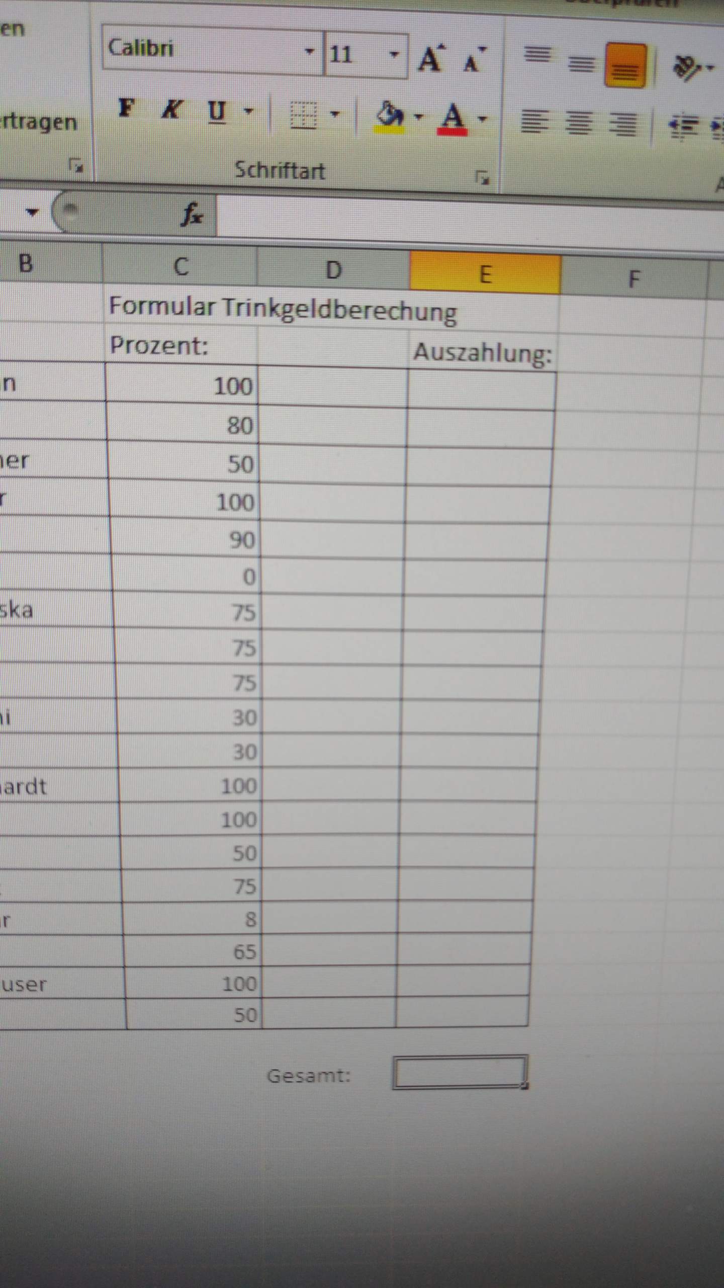 Excel Tabelle erstellen für Trinkgeld? (exc)
