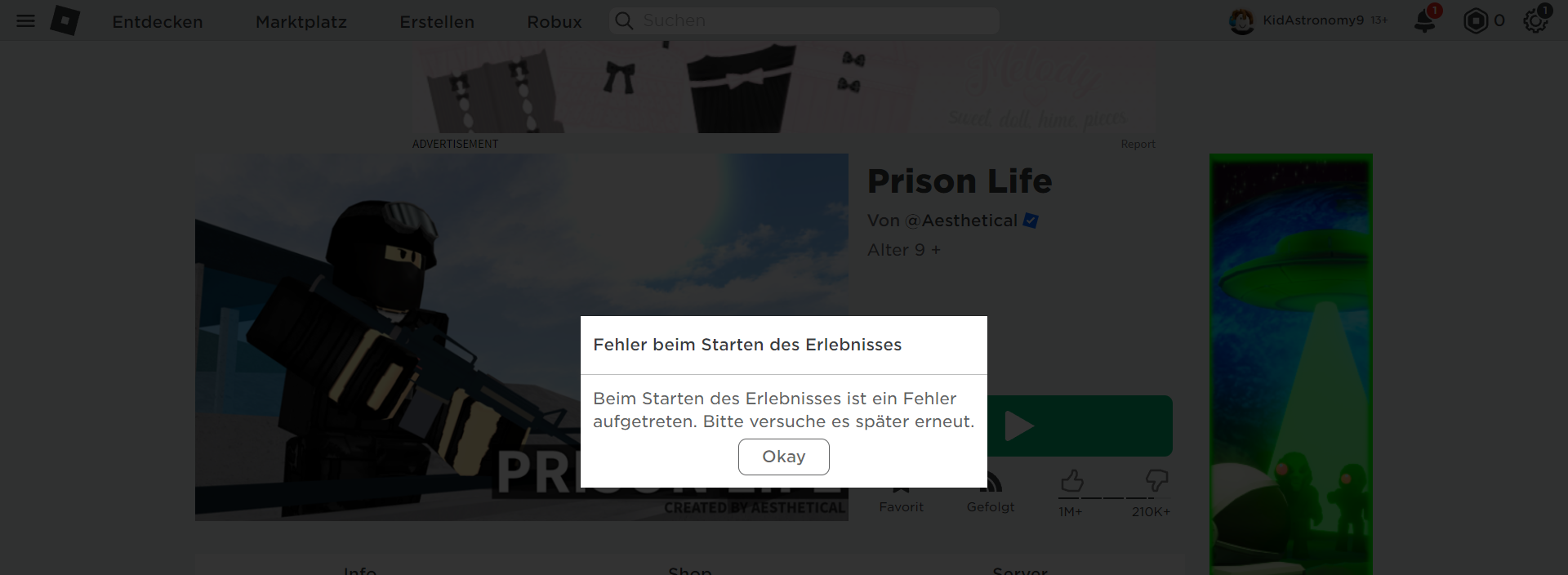 Fehler beim Starten des Erlebnisses was tun? (Roblox)? (Fehlermeldung, Hilfestellung, Fragestellung)