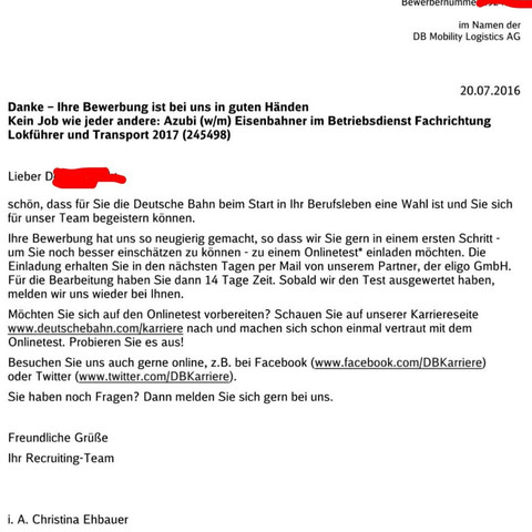 Hier die Mail - (Ausbildung, Deutsche Bahn, DB)
