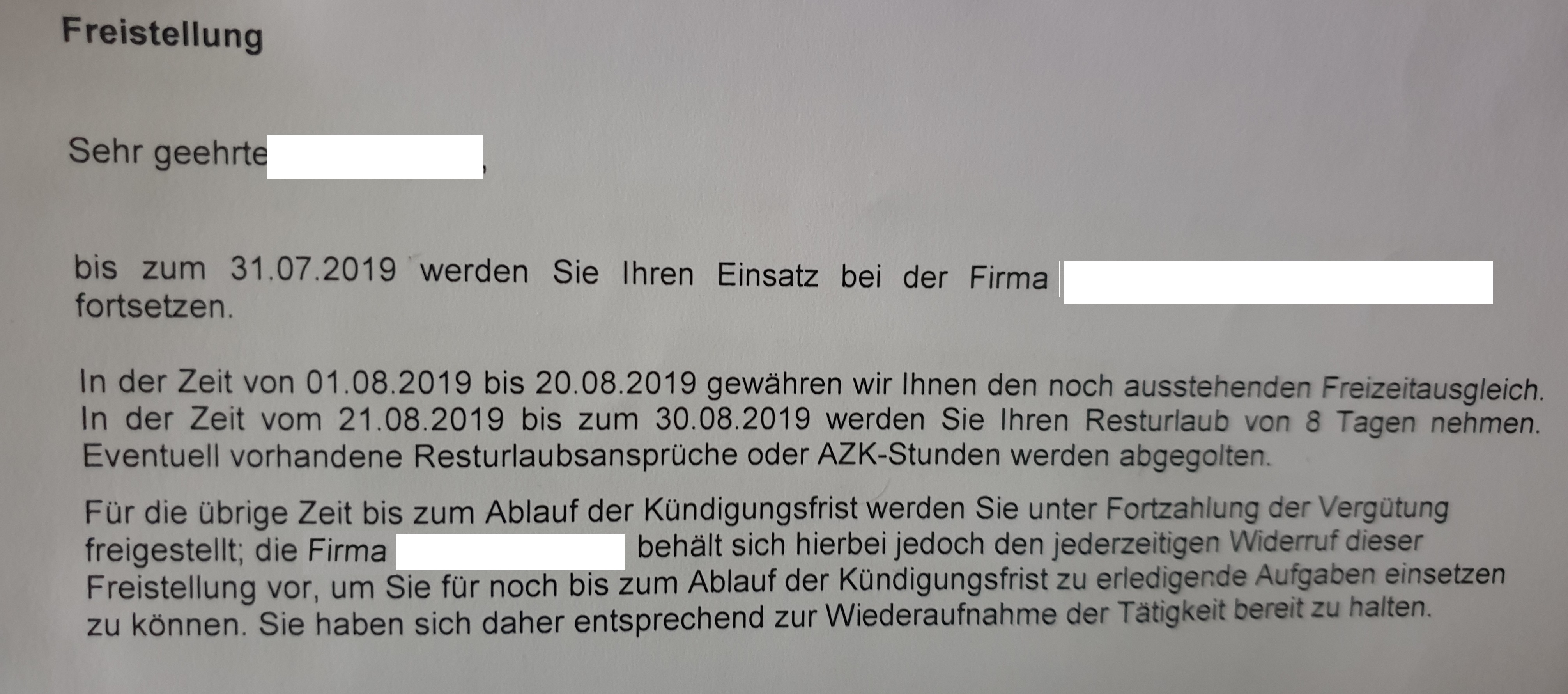 Freistellung Zeitarbeit Job Arbeitsrecht Kundigung