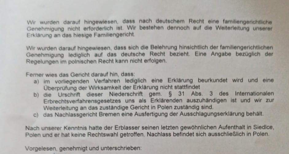Für minderjährige Tochter Erbschulden in Deutschland ausschlagen. Aber Polen verlangt eine ...