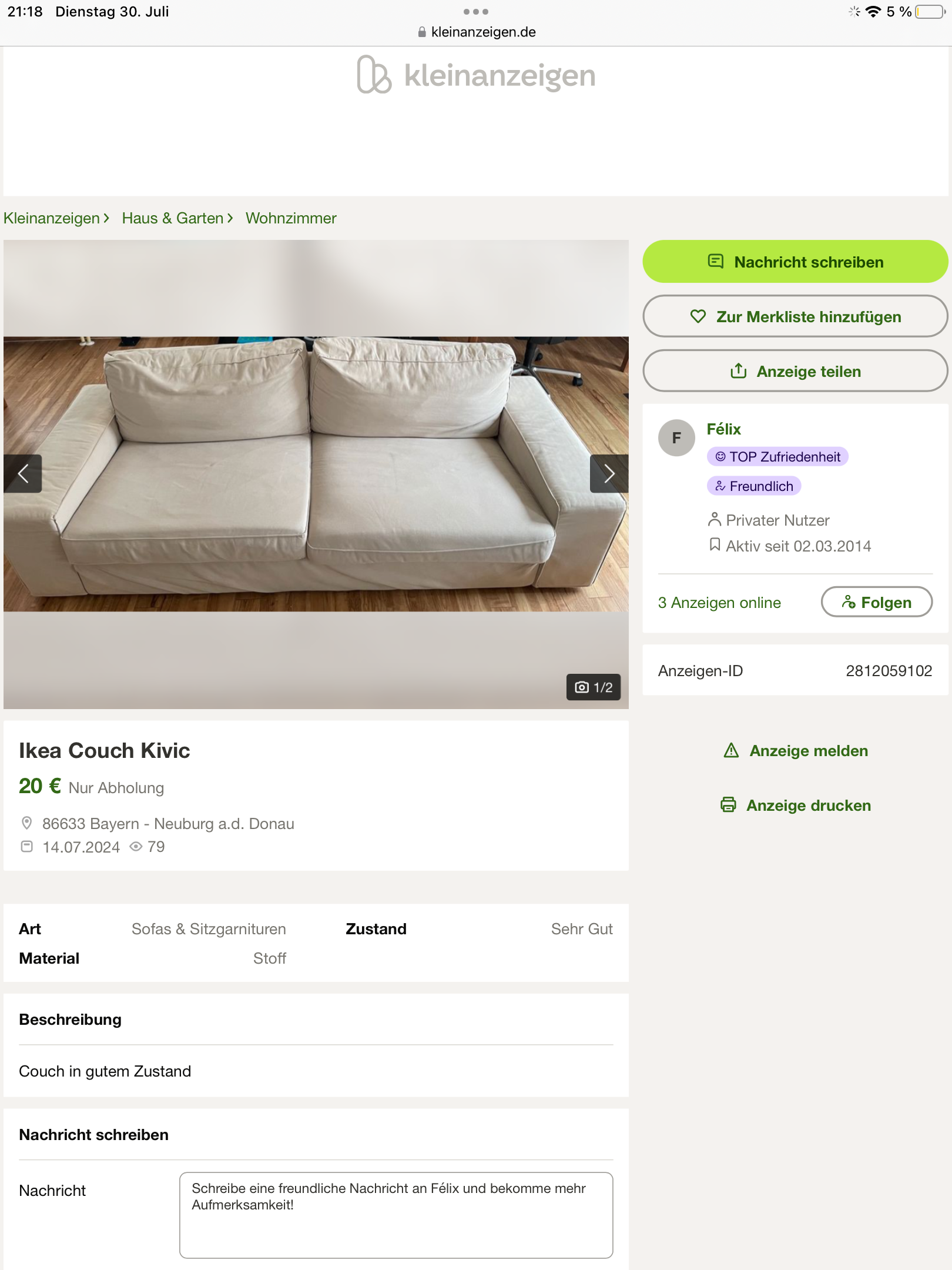 Gebrauchte Couch von Kleinanzeigen? (billig, Sofa)