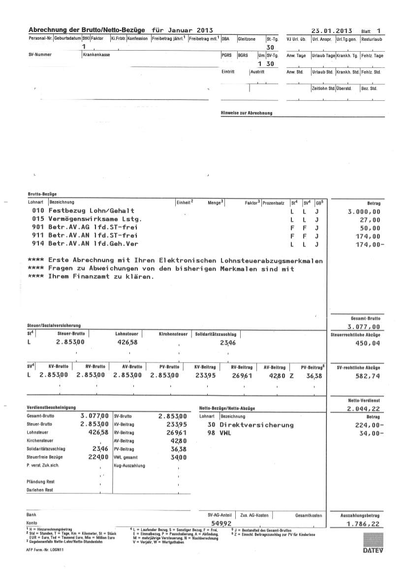 gehaltsabrechnung mit betrieblicher altersvorsorge als direktversicherung (Gehalt, betriebliche ...