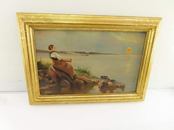 Gemälde Karl Raupp Bäuerin am Ufer auf Malerpappe gerahmt Chiemsee?