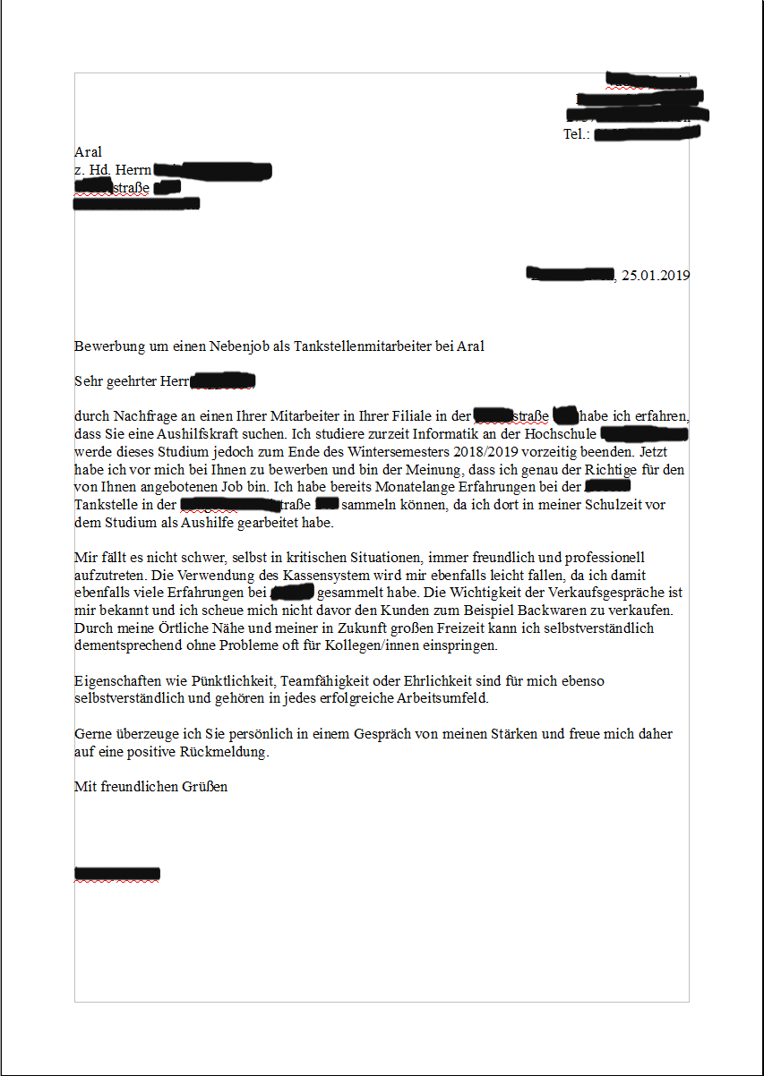 Gibt Es Bei Dieser Bewerbung Etwas Dass Verandert Werden Sollte Oder Kann Man Die So Abgeben Tankstelle Aral Anschreiben Tankstelle