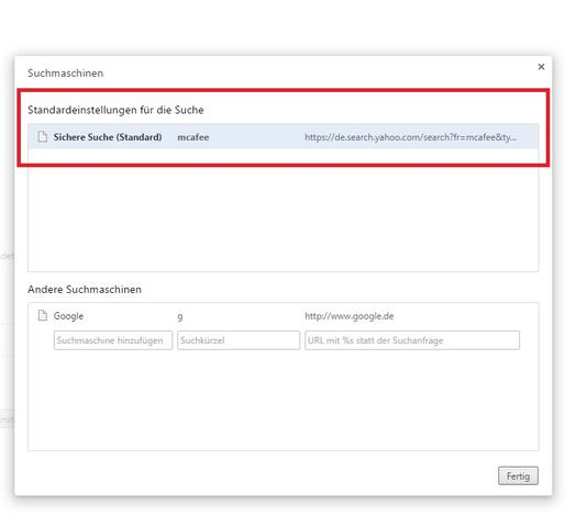Google Chrome: Yahoo Standard-Suche löschen? (Suchmaschine, McAfee)
