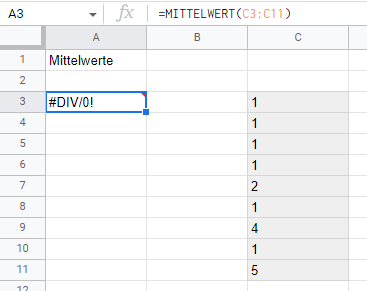 Google Spreadsheet DIV/0 Fehler beim Mittelwert?