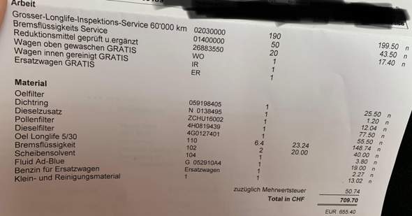 Grosser Longlife Inspektions Service 60 000km Beim Audi Kosten 655 Euro Ist Das Zu Teuer Siehe Bild In Der Schweiz Auto Und Motorrad Kfz Motor