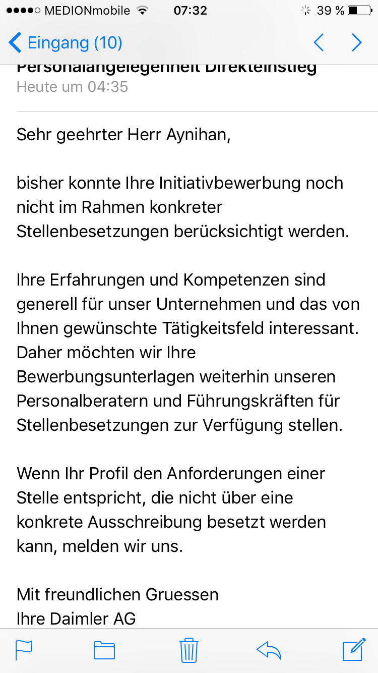 Hab 2 Email Gekriegt Von Daimler Nach 2monate Ist Des Positive Oder Kriegt Es Jeder Auto Benz Daimler Initiativbewerbung
