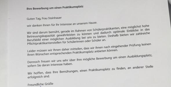 Hab Mich Am Montag Bei Der Volksbank Fur Ein Schulerpraktikum Beworben Habe Diese Nachricht Im Bildanhang Als Antwort Erhalten Was Bedeutet Das Genau Absage Bewerbung Keine Rückmeldung