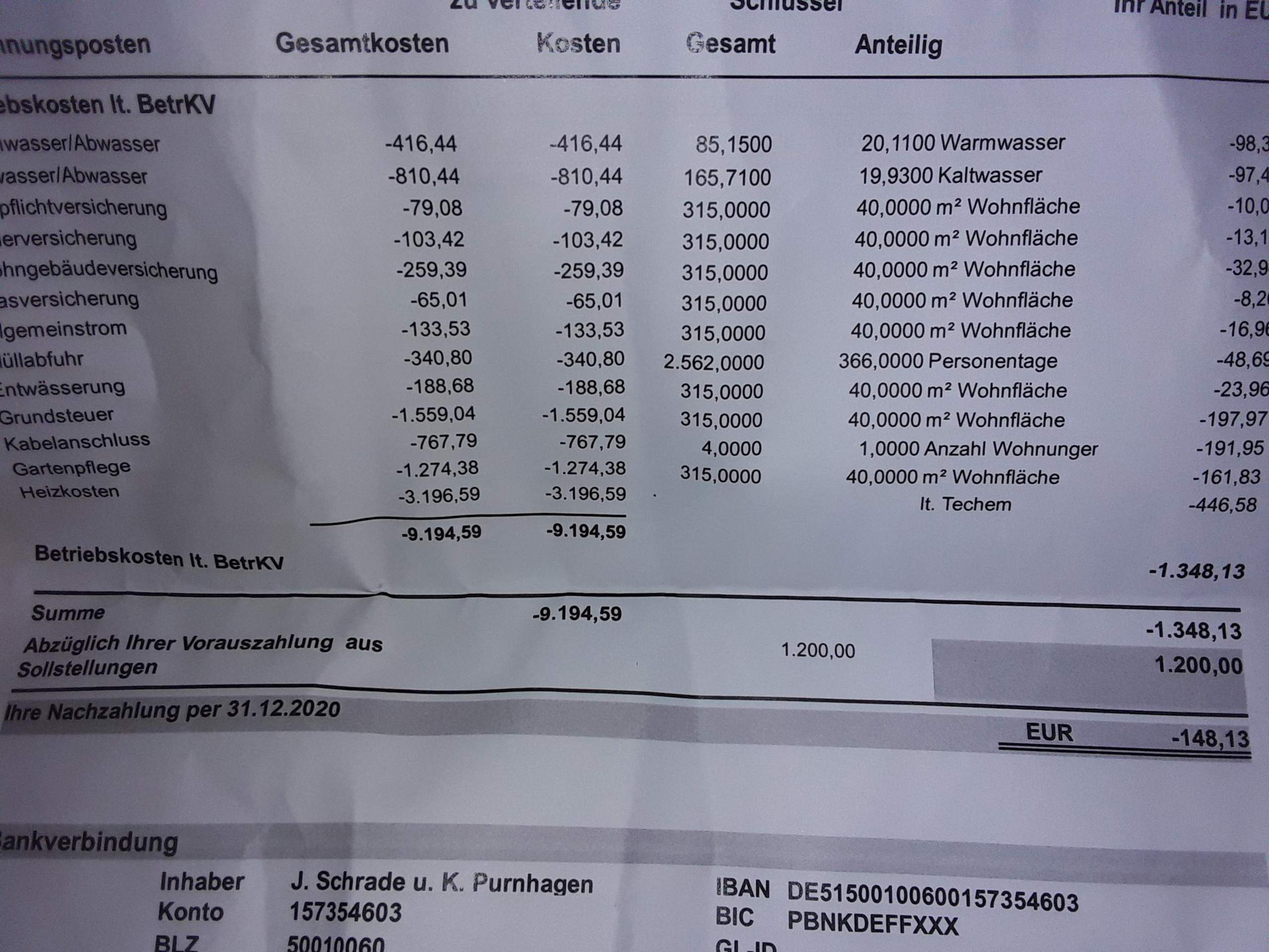 Habe heute die Betriebskostenabrechnung bekommen was bedeutet ihre Nachzahlung per 31.12.2020 ...