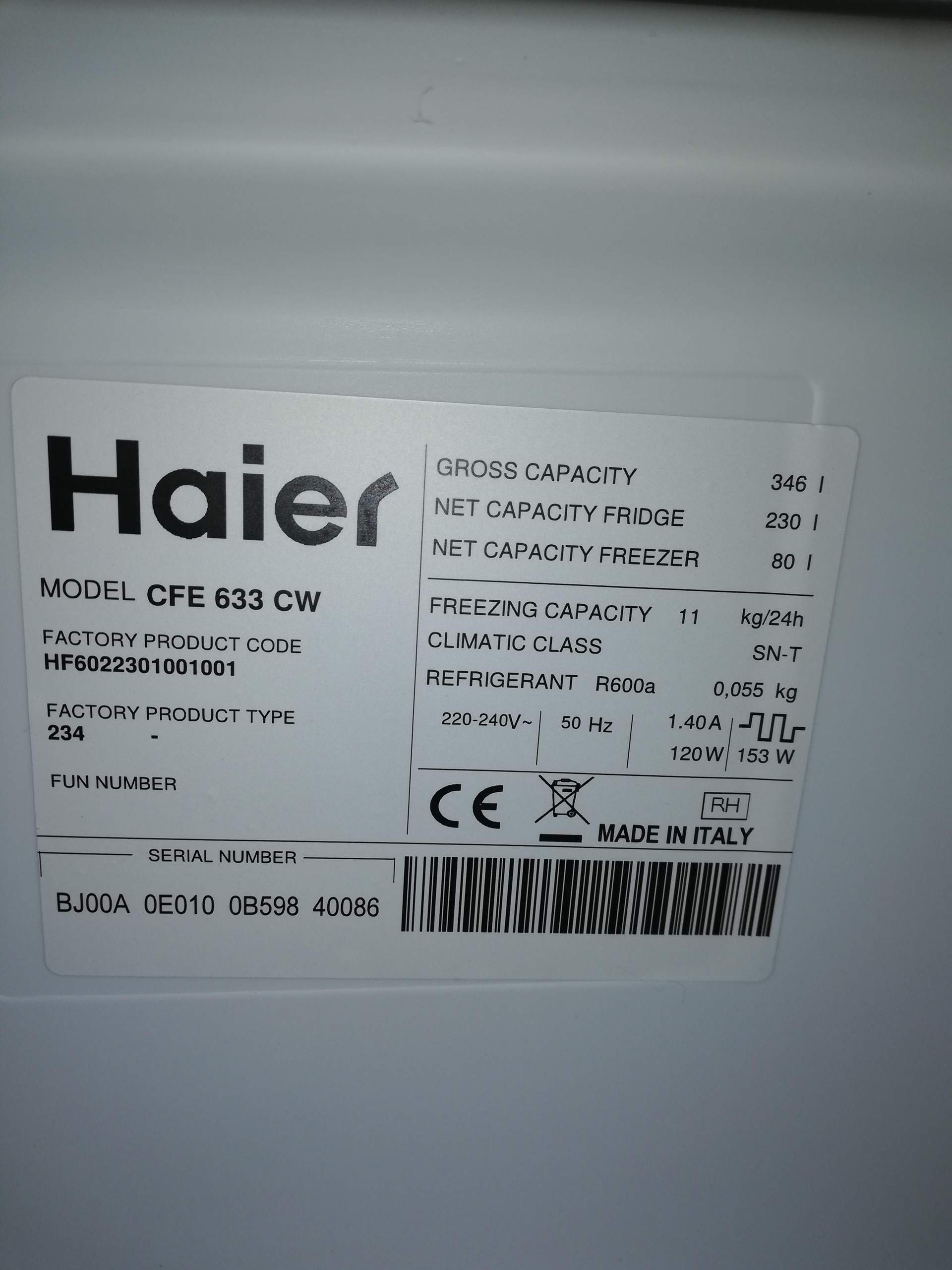 Haier CFE633CW specifications