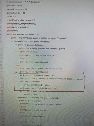 Hallo, ich habe hier ein Python Hangman Programm und verstehe nicht was das Programm von Zeile 32-36 ausführt. Kann mir das jemand erklären?
