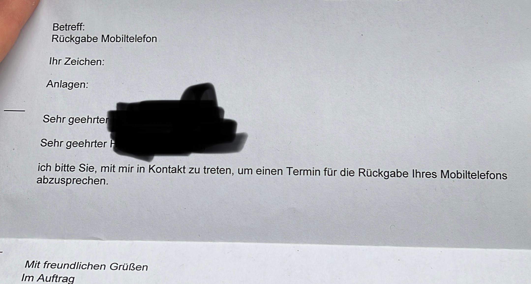 Handy vor ein Jahr beschlagnahmt jetzt habe ich ein Brief bekommen ...