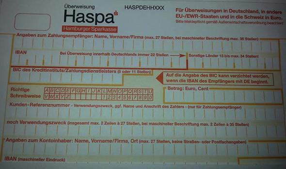 Haspa-Überweisungsschein - (Bank, Überweisung, Kontonummer)